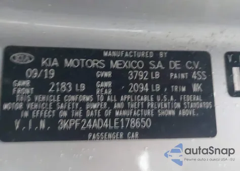 2020 Kia Forte Lxs из США, поврежденный, VIN 3KPF24AD4LE178650